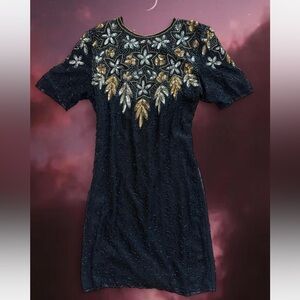Vintage 80s Silk Beaded Dress with Gold and Silver Gatsby Style